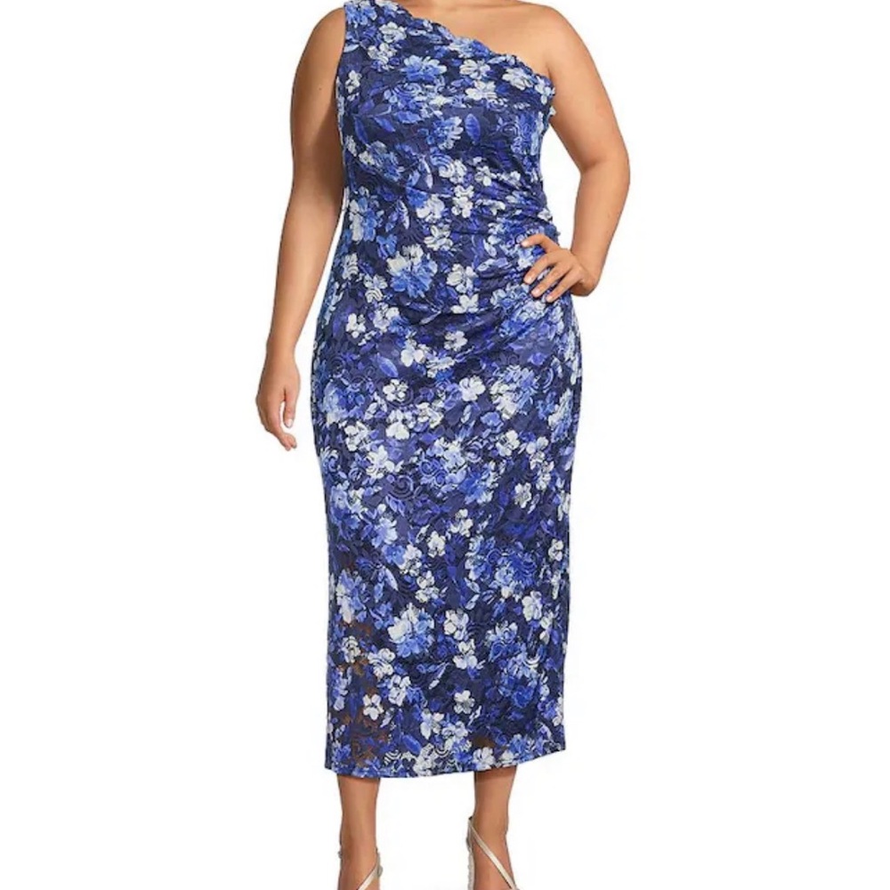 MARINA Plus Size One-Shoulder Blue Floral Dress